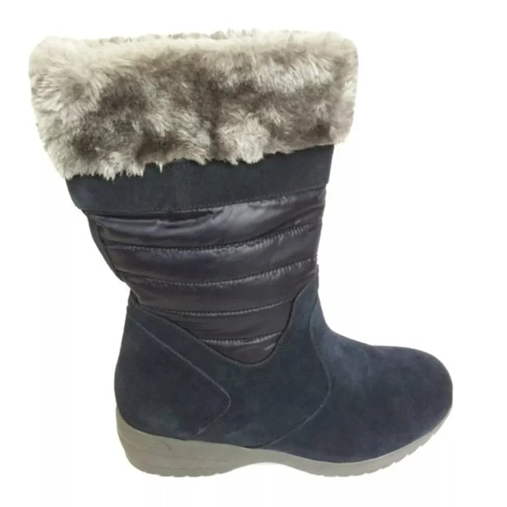 Lands' End Wide Width Faux Fur Topped Boots Pull-on Navy 7.5D